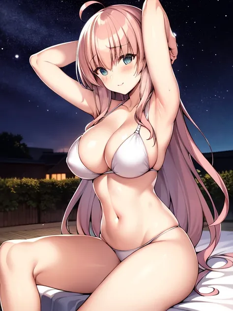 1girl,masterclass,best quality, illustration, solo, solo, esterosa, blue eyes, pink hair, long hair, ahoge, very long hair, nudes, beach, armpits, night, night sky, aurora, looking at the sky, looking up, night time, night, floating, hair in the wind, look...