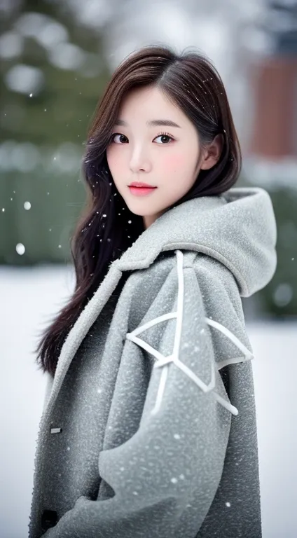 realistic photos of (1 cute Korean star) Shoulder-length hair, thin makeup, medium breasts size, wearing coat, in the snow, clear facial features, 8K high resolution, sharp and realistic details.from outside, Eye-Level Shot, f/4.0, 135mm, Fujifilm, jpeg ar...