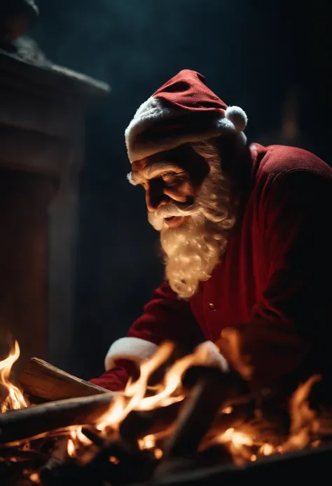 The skeletal corpse of Santa Claus falls down the chimney.、terror、suspenseful、skeletal corpse on burning firewood