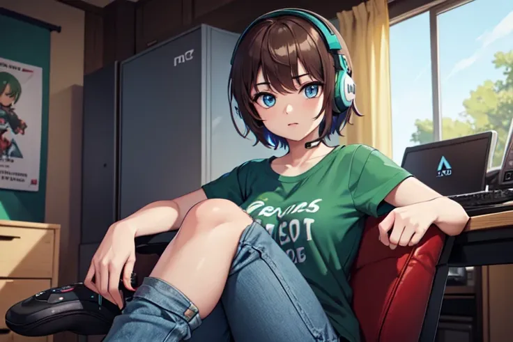 1girl, 20 years old, wearing headphones, Gamers room, PC, gaming, Brown short hair, Blue eyes, Best eyes, wear Green T-shirt, blue pants, sitting on a chair, 4K, best quality, Masterpiece