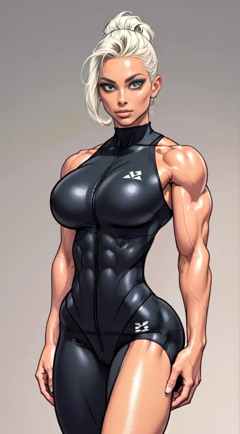 Drawing of platinum blonde katopunk female fitness model, toned body, feminine, huge upper body, torso shot, wide shoulders, veins, beautiful face, detailed eyes, perfect eyes, makeup, full lips, slim face, high cheekbones,(best quality, highres, ultra-det...