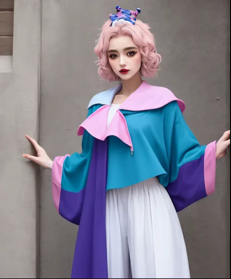 A jester that wears pastel pink and white clothing, the jester is completely covered by clothes with no skin visibly showing