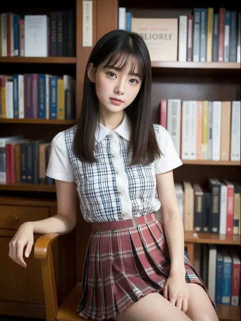 Sit in a study chair，Hands between legs，elementary student、年轻，(Plaid pleated skirt)，flat breast，Blouses with ruffles，Pupils，teens girl，A dark-haired，delicate and petite body，in a house、Nervous、Medium long、frontage、Looking here、full bodyesbian、white sock、at...