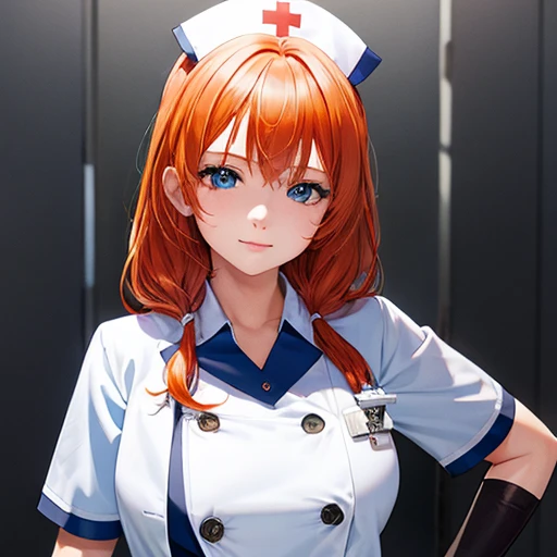 A girl,nurse dress,shill orange hair,blue eye,blue nurse gloves,(masterpiece), (extremely fine and beautiful), (perfect details),Half body