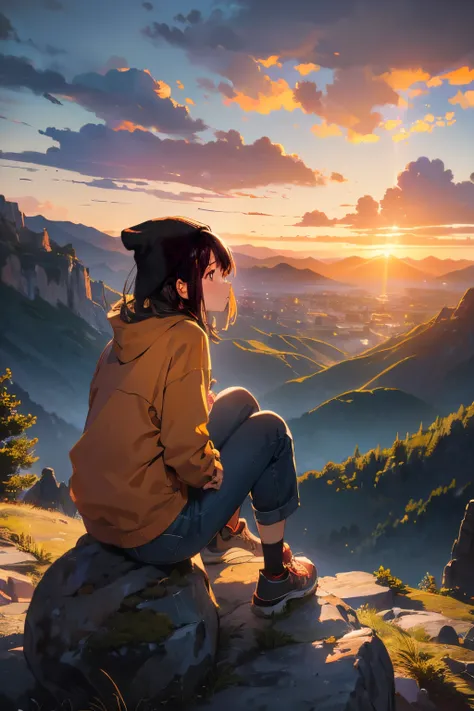 top-quality、masuter piece、ultra-detailliert、8ｋ、独奏、(((Girl sitting on a huge rock looking at the sky、up looking_Away:1.2、Looking at the sky)))、from behind、Beanie、Greyprint Hoodie、Straight Old Denim、damage jeans、Trekking Shoes、backpacker、evening、Sunset、blurr...