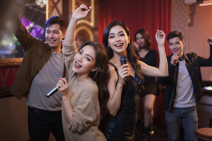 They sing together in the club、had a nice time, people dancing in background, Party members in the background, Movie Promotional Image, in a nightclub, Bottom corner, window shutters, high quality upload, promotional images, imagem de qualidade alta, Best ...