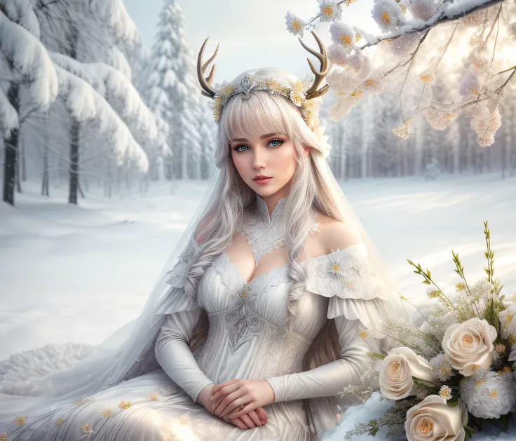 (a woman in a white++++++ gown), (sitting with a deer in the snow: 1,75), (((graceful horns on the head))), ((((((with beautiful flowers around her: 1,75)))))), Fantasy photography, fantasy matte painting，Cute, inspired by the Limburg brothers, an epic fan...