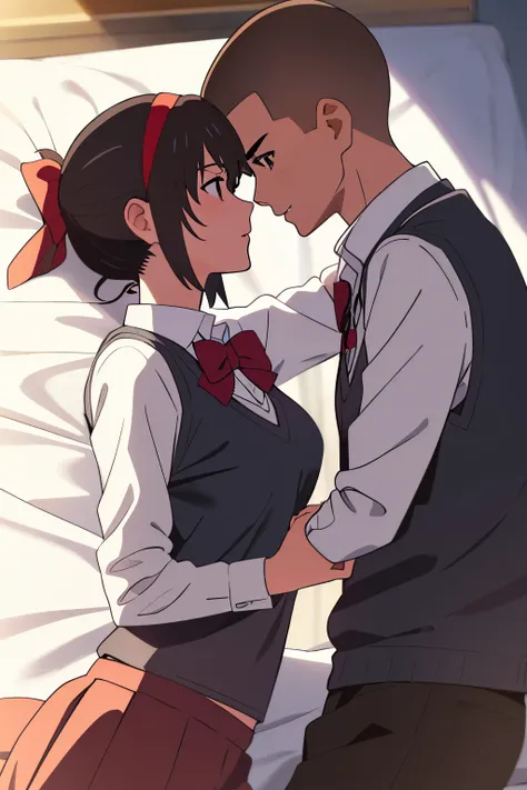 shinkai makoto, kimi no na wa., 1 boy, buzzcut, school uniform, boy is above girl, girl is below boy, passionate hug, face to face, lying, lie on bed, 1girl, black hair, bow, red bow, brown eyes, collared shirt, headband, red headband, bow, red bow, ribbon...