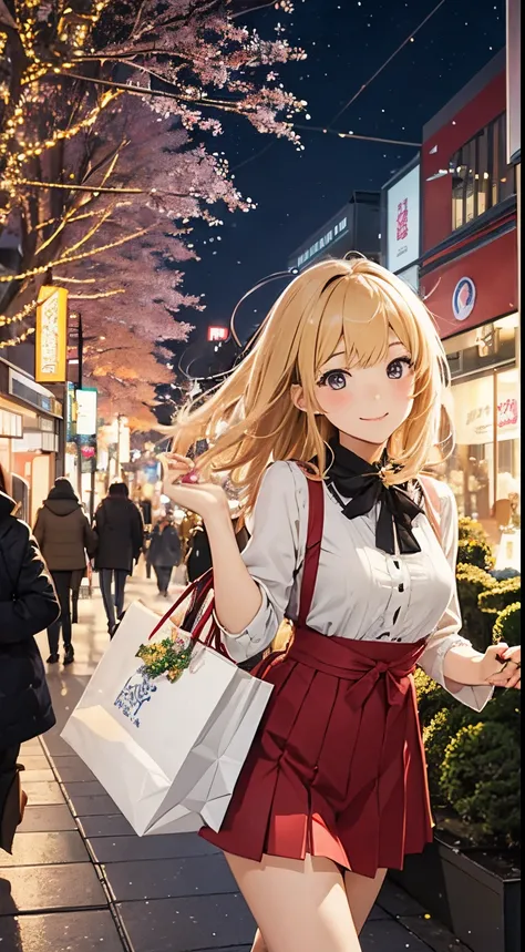 Yoshiko Nishitani, Walter Crane, Surreal, mysterious, bizarre, fantastical, fantasy, Sci-fi, Japanese anime, beautiful blonde miniskirt girl Alice enjoying Christmas shopping, perfect body, many shopping bags in both hands, Tokyo Omotesando, walking in the...