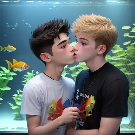 Two gay teens kissing in an aquarium