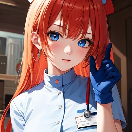 A girl,nurse dress,shill orange hair,blue eye,blue gloves,(masterpiece), (extremely fine and beautiful), (perfect details)