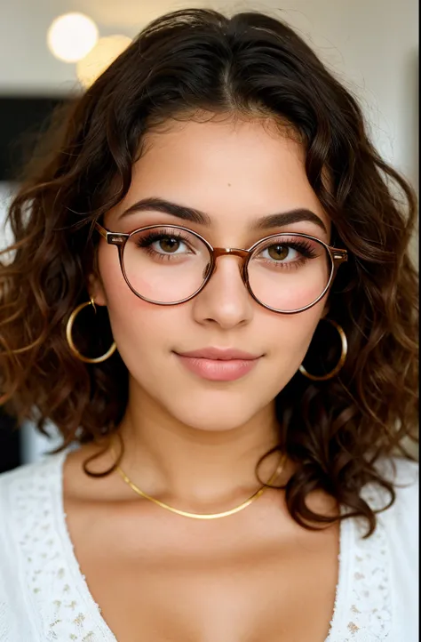 Photo Instagram, Photo de visage en gros plan d&#39;une jeune marocaine, visage rond, Makeup, dans un bureau, Bokeh, peau mate, curly hair,  three large lunettes