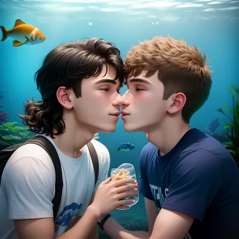 Two gay teens kissing in an aquarium