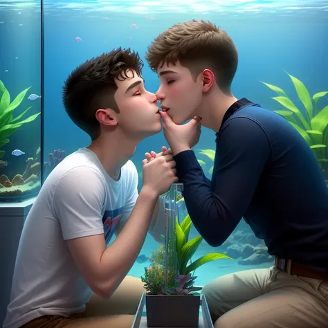 Two gay teens kissing in an aquarium