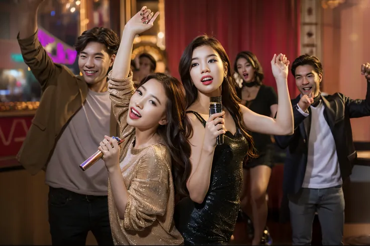 They sang together in the club、Had a great time, people dancing in background, Party people in the background, Movie Promotional Image, in a nightclub, Bottom corner, High-quality images, promotional images, window shutters, high quality upload, best adobe...