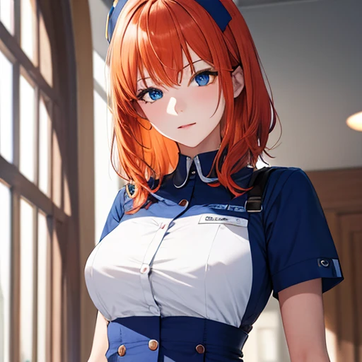 A girl,nurse dress,shill orange hair,blue eye,blue gloves,(masterpiece), (extremely fine and beautiful), (perfect details)