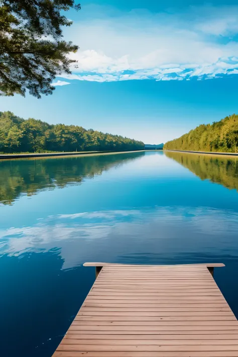 A long bridge in the lake leads to the sky，The two sides of the bridge are clearly distinct，Deep blue stormy waves on one side，One side is blue and calm as a mirror，The sun has just risen in the distance，The butterfly flew over and landed on the back of th...