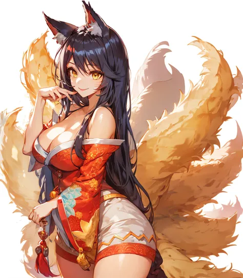Big breasts are charming, Large breasts, ((The cleavage is tempting)),tmasterpiece,Best quality,1 busty girl,yellow eyes,Long gray hair,(ahri),black hair color hair,Eternal,Nine tails,ssmile,natural,hair adornments,Animal ears,booru,Best quality,1 plump gi...
