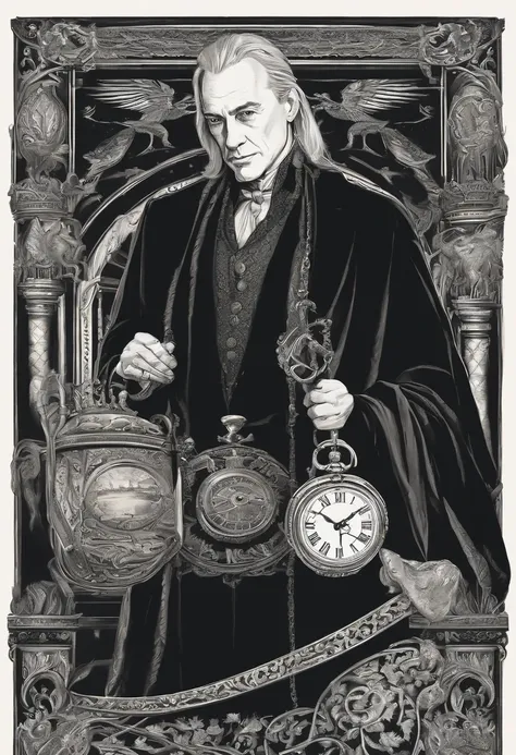 A vintage silver pocket watch, intricately engraved with pure-blood wizarding symbols, delicately held in Lucius Malfoys hand as he checks the time in the ornate drawing room of the Malfoy Manor.,Harry Potter and the Chamber of Secrets,Lucius is tall with ...