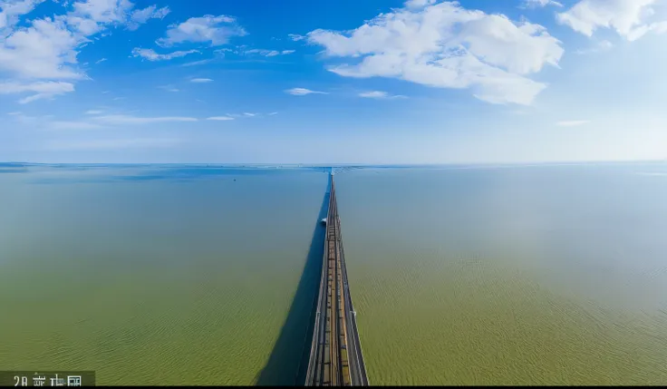 Panoramic view of a long bridge spanning a large body of water, Thomas de Keyser, Perspective shot from the sky, drone photograph, road to the sea, Shoot from the top wide angle, drone photography, shot from drone, shot from drone, author：Matthias Storm, h...