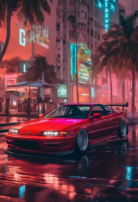 slammed red 2001 acura integra in miami at sunset, rain, reflection, side profile, sunset, photography, 8k, realistic, shot on sony mirrorless camera, ultra detailed, photorealistic, 24mm lens,  Lumen Global Lighting System Unreal Engine 5s fully dynamic g...