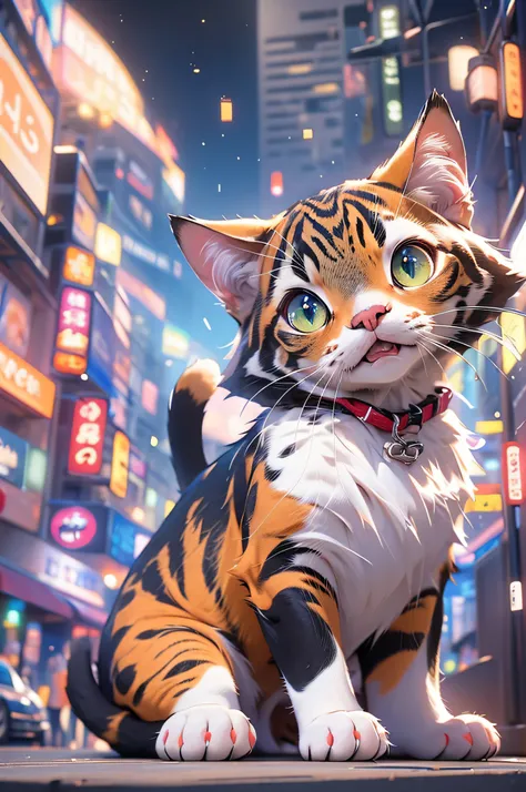 eine Katze，style of disney animation，Cartoonish，Q version，Orange-white，Confused and surprised expressions，a little bit chubby，tiny body，Correct cat anatomy，animation scene，A city，The streets were crowded with people，Standing on the metropolitan street，sky ...