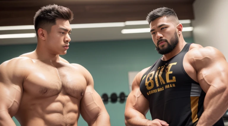 (Very detailed 8k wallpaper), two asian men, muscle worship, arms folded, At the gym, high detailing, buzzcut, very large and strong body, bulging muscles, well-muscled, very large pectoral muscles. Very sexy abs, legs are muscular, Toned figure, lightens ...