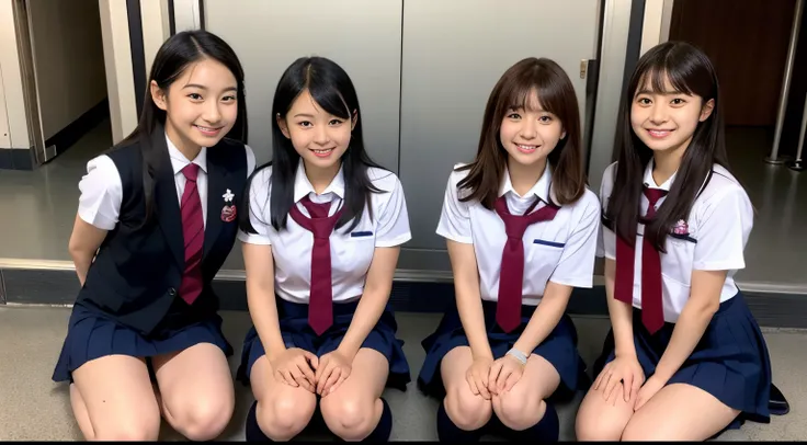 high-angle shot、Center view、Arafe asian woman in short skirt and bow tie sitting on train、cute school girl、Japan Girl Uniform、Wearing Japan school uniform、Japan School Uniforms、a hyperrealistic schoolgirl、Dressed as a schoolgirl、a hyperrealistic schoolgirl...