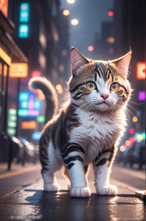 disney animated cats，Cartoonish，Orange-white，tiny body，Correct cat anatomy，animation clip scene，城市，Standing on the metropolitan street，natta，neon，The orange，chubbiness，depth of fields，Depth shadows，（darkly：1.4），（8K，RAW photogr，Best quality，tmasterpiece：1.2...