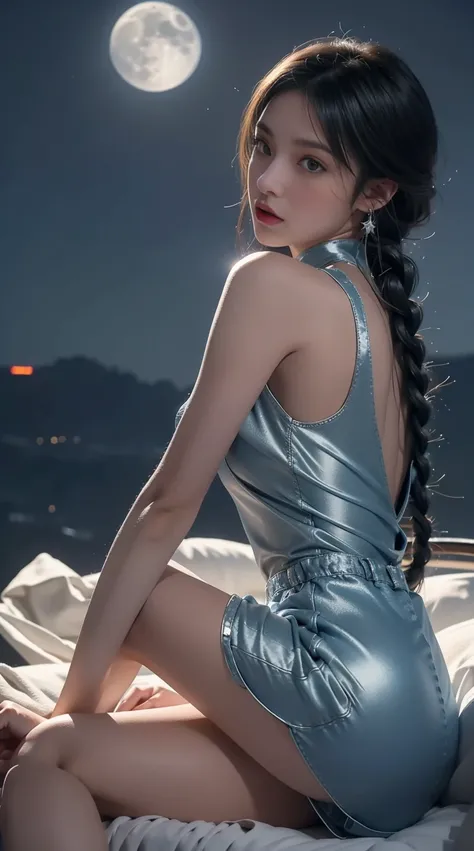 hyper HD, Best quality, Slim figure, Nice face, Eyes have light, brunette, gently draped on your back, Braided into simple braids, A hair ornament in the shape of a small moon。She is wearing a silver or blue cheongsam, The edges of the cheongsam are embroi...