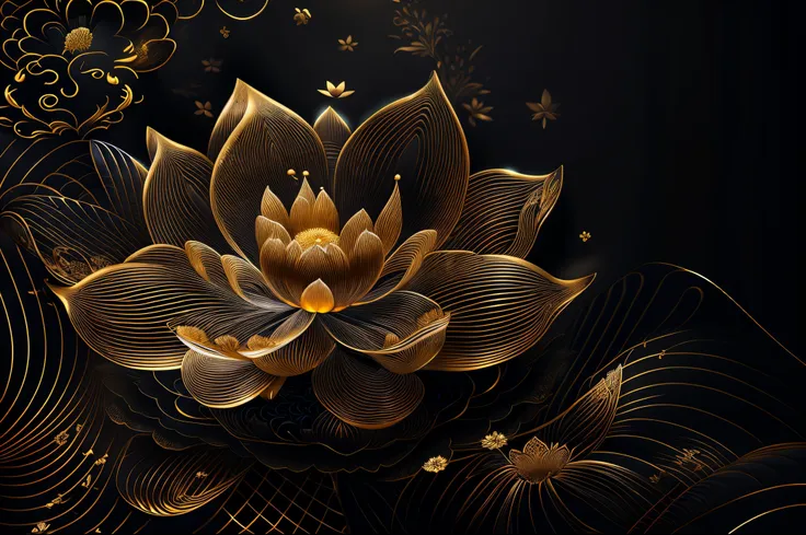 there is a gold flower on a black background with waves, lotus, glowing delicate flower, lotus flower, delicate detailing golden...