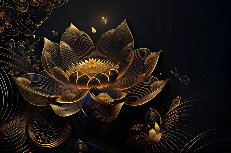 there is a gold flower on a black background with waves, lotus, glowing delicate flower, lotus flower, delicate detailing golden stroke, gold flowers, intricate gold elements, with lotus flowers, intricate gold linework, exquisite line art, gold detailed l...