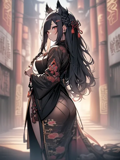 ((masutepiece))，(((Highest Quality)))，(Please pay attention to the attractive body)，The upper part of the body，1人の女性，A dark-haired，One side of the hair is braided，(The long-haired:1.5)，Wolf ears，(chinese clothes:1.4)，(very plump butt:1.3)，(masutepiece:1.2)...