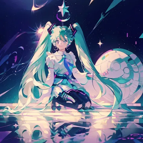 (1girl),(Pop style,flat colors,star pattern,pastel,shiny eyes,Smile,Cosmic atmosphere,colored lineart,outline,simple,Night background, macro shot,pastel night aesthetic),((Masterpiece)), hatsune miku, full height, waist-high