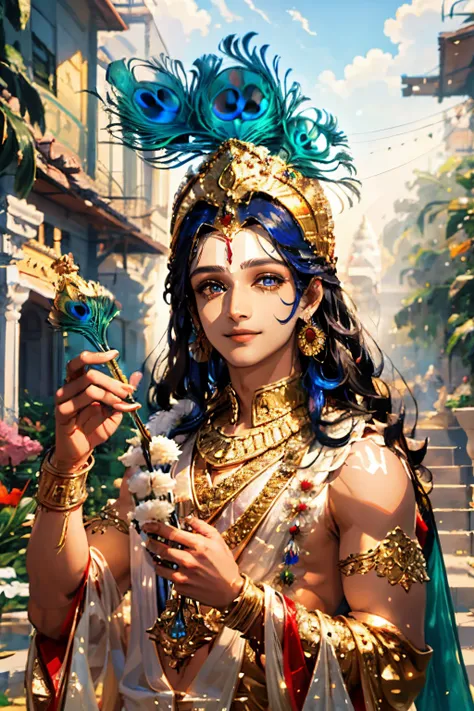 krishna , loving man , beautiful glitter eyes , blue skin tone , smiling , divine nature, holding flutes in his hands, peacock f...