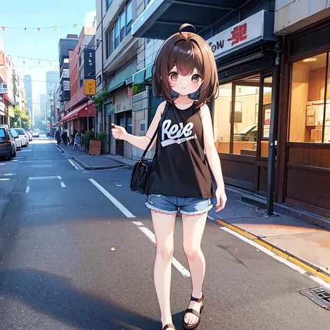 teens girl、Brown hair long、Ahoge、Black sleeveless T-shirt（Oversize）、Light blue shorts、thigh、espadrilles、Walking around the city