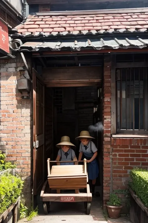 Several primary school students went to buy scones after school，In a small alley，small brick house，A kind old woman is pushing a steaming wooden cart，There is a cylindrical iron oven on the car，beaming，Everyone was happy。