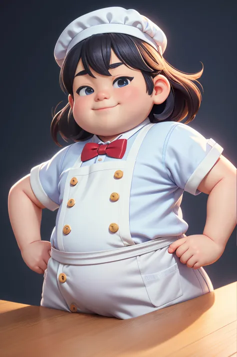 (Best quality at best,4K,8K,A high resolution,tmasterpiece:1.2),ultra - detailed,(actual,realistically,realistically:1.37)A happy little fat man。he is a chef。chefs hat。White chef outfit。blue bowtie。highly detailed character, Anime style 3D, algorithm anima...