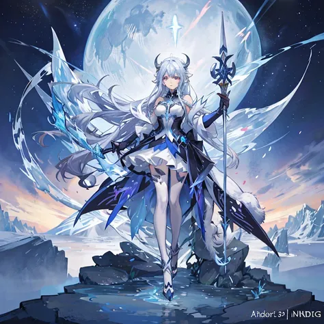 (best quality,8k,anime,ultra-detailed), ice queen, Full body, Sylvanas Windrunner, long blue shiny hair,shoulder pads with frozen polar bear faces,staff made of ice in her right hand, long white and blue dress, fused with a giant Ice beast as a minotaur