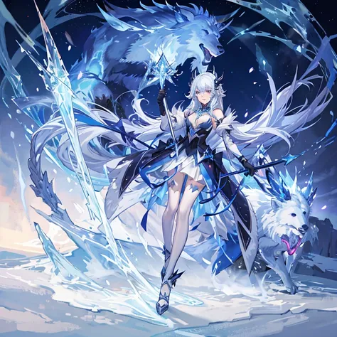 (best quality,8k,anime,ultra-detailed), ice queen, Full body, Sylvanas Windrunner, long blue shiny hair,shoulder pads with frozen polar bear faces,staff made of ice in her right hand, long white and blue dress, fused with a giant Ice beast as a minotaur