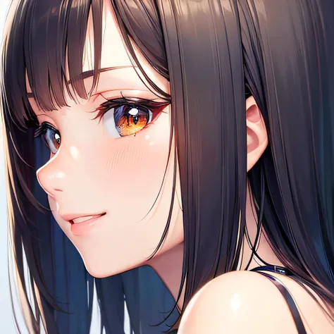 photographrealistic, (masutepiece,Best Quality:1.4),(8K,Raw photo,photographrealistic:1.2), Detailed skin,Detailed face,1girl in,Japanese Idol,Cute face, Black hair,slender, shiny eyes, Smile, close-up,  BREAK (Side view:1.1)