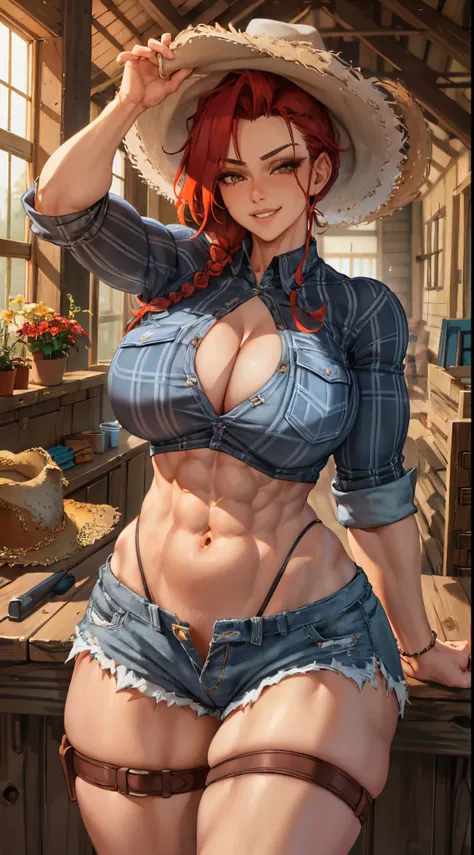 1girl, beautiful, perfect lighting, muscular, thick thighs, mature female, milf, navel, abs, looking at viewer  (masterpiece, high quality:1.1) ,cowboy hat,body freckles,barn,pale skin,red hair, braid, ,short shorts,plaid shirt, skindentation, cleavage,gri...