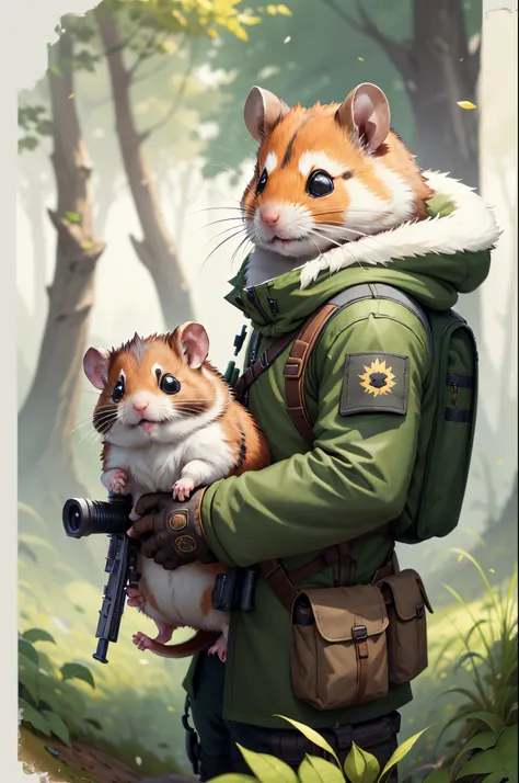 There is a hamster sitting on the backpack, Wojtechfors, hamsters holding rifles, Cute and detailed digital art, furry fantasy art, collectible card art, MapleStory Mouse, lovely digital painting, adventure hyper realistic render, portrait of an adventurer...