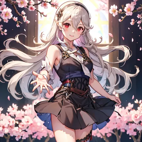 corrin FE、silber hair、red eyes、High School Sailor Uniform、School Uniforms、Red ribbons、thigh、cherry trees、a smile、wave her hand