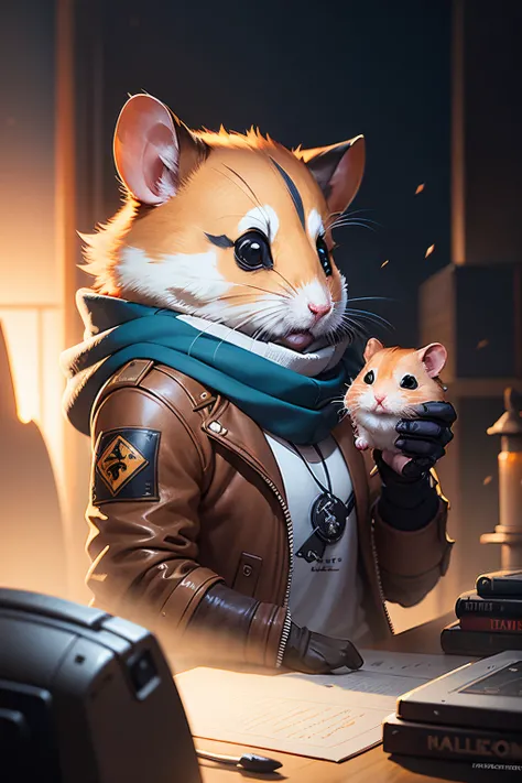 There is a hamster wearing a scarf and jacket, a character portrait inspired by Johannes Helgeson, Art Station Contest Winners, furry art, lovely digital painting, Wojtechfors, Cute and detailed digital art, adventure hyper realistic render, furry fantasy ...