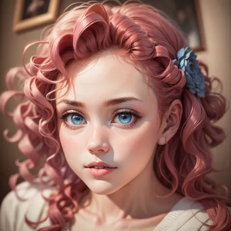 beautiful girl with pink curls, blue eyes, close-up, museum apartment in the background, lots of details, dim light --auto --s2