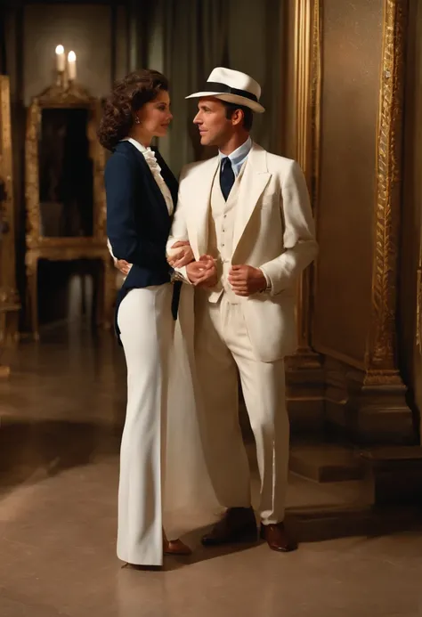 A photo of René subtly flirting with a beautiful woman at a high-society art gallery,Raiders of the Lost Ark,René is a tall man, with blue eyes, short dark grey curly hair, wears white suits, wears a white fedora, famously portrayed by a young Paul Freeman...