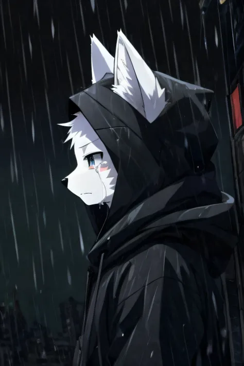 furry white fox, crying, raining background, dark color background, seeing up the sky, black hoodie, anime