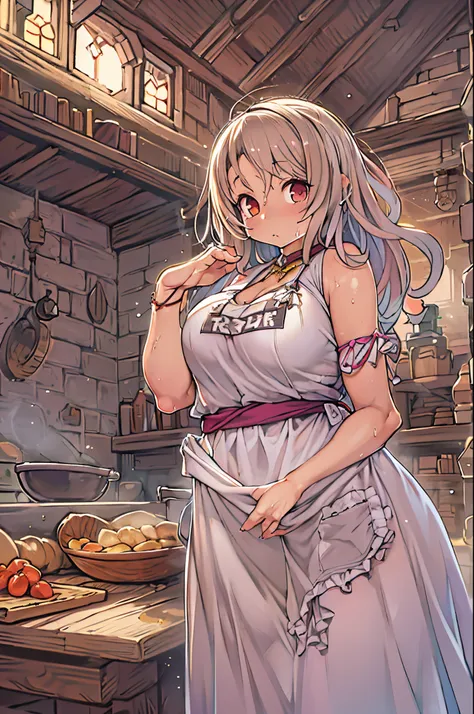 wrc style, woman, lewd pose, the appearance of a seductive appearance, apron, kitchin, medieval setting