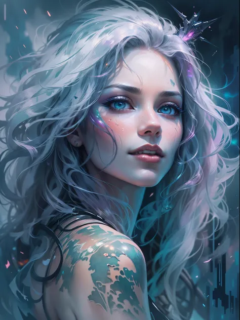 young beautiful woman, long hair, elegant, too beautiful,  in a mesmerizing watercolor painting, a cyberpunk vampire reigns, por...